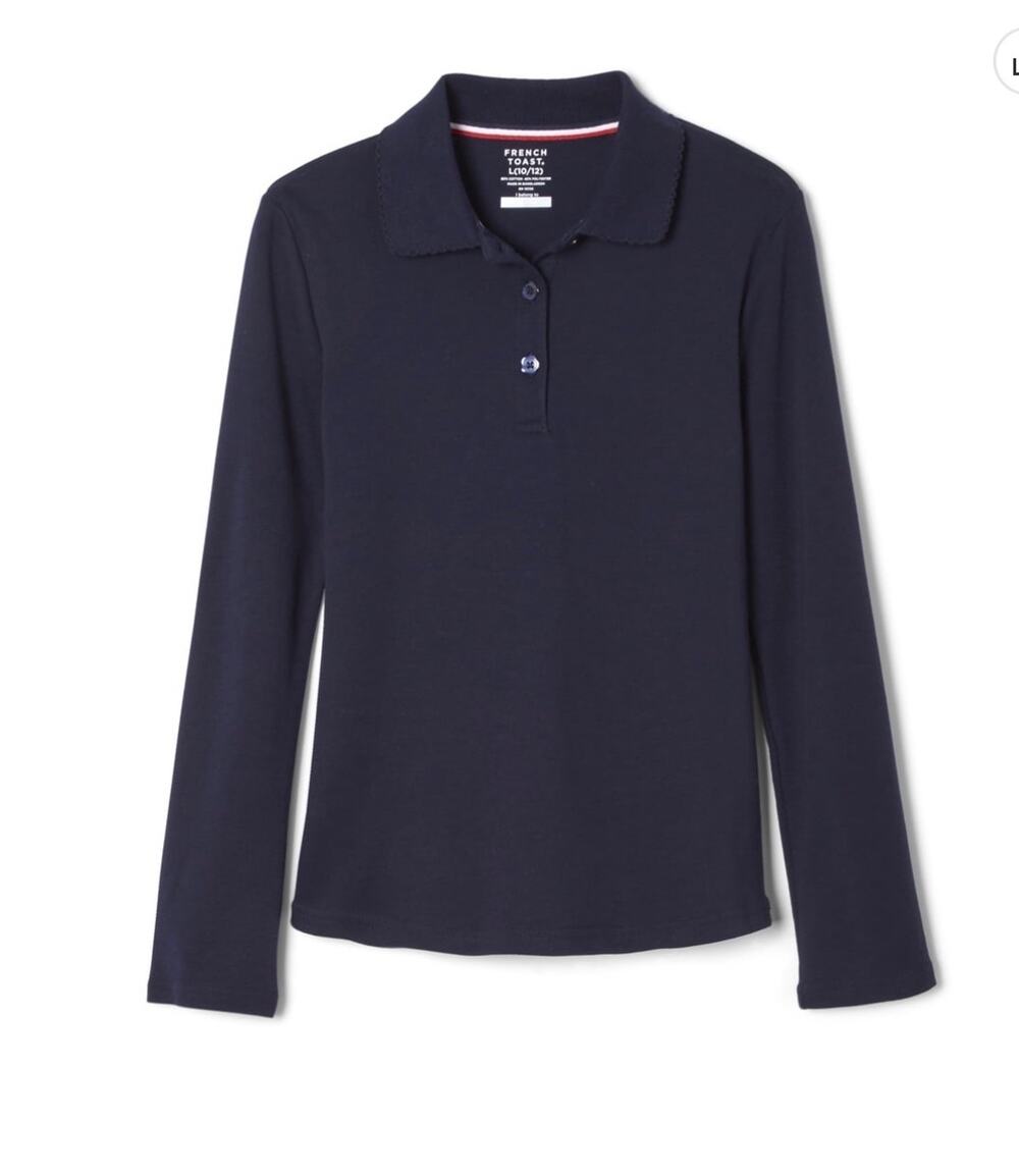 NEW! French Toast XL 14/16 Girls Long Sleeve Interlock Polo w/Picot Collar Navy